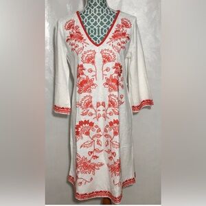 Boden Clemmie Embroidered Jersey Cotton Shift Dress White Orange Red Size 6 US